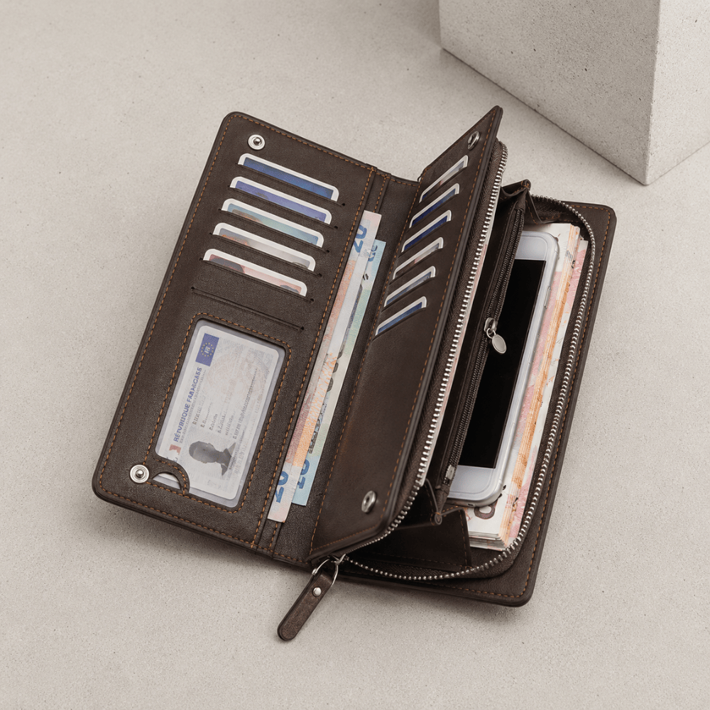 Portefeuille homme à dragonne grande capacité : téléphone, cartes et billets