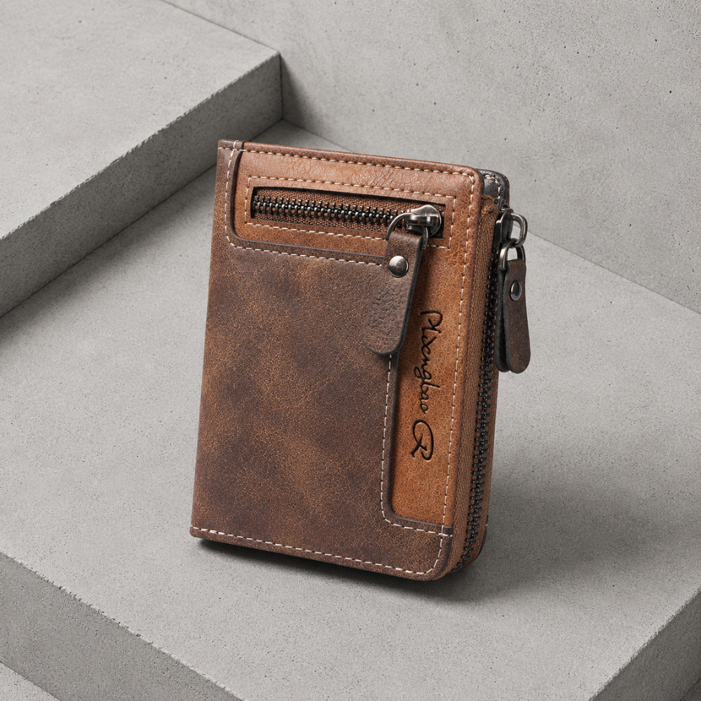 Portefeuille homme à fermeture éclair marron foncé, similicuir vintage