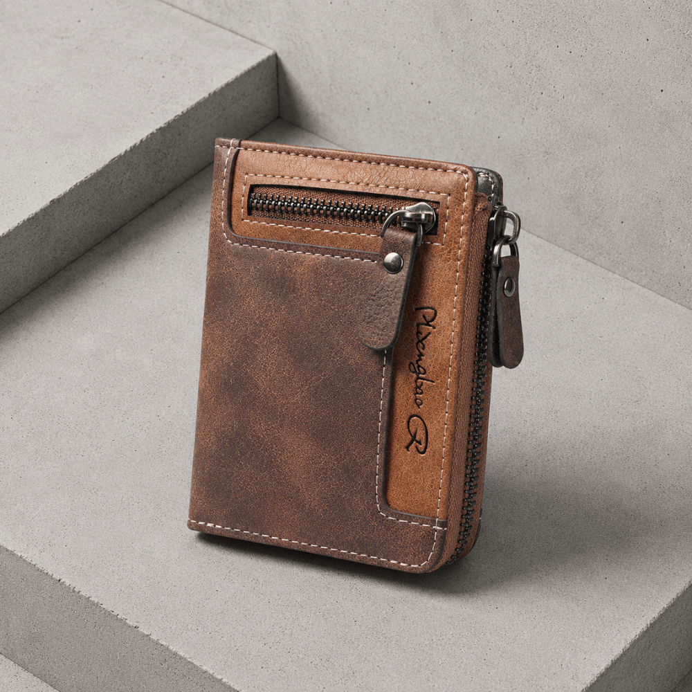 Portefeuille homme à fermeture éclair marron foncé, similicuir vintage