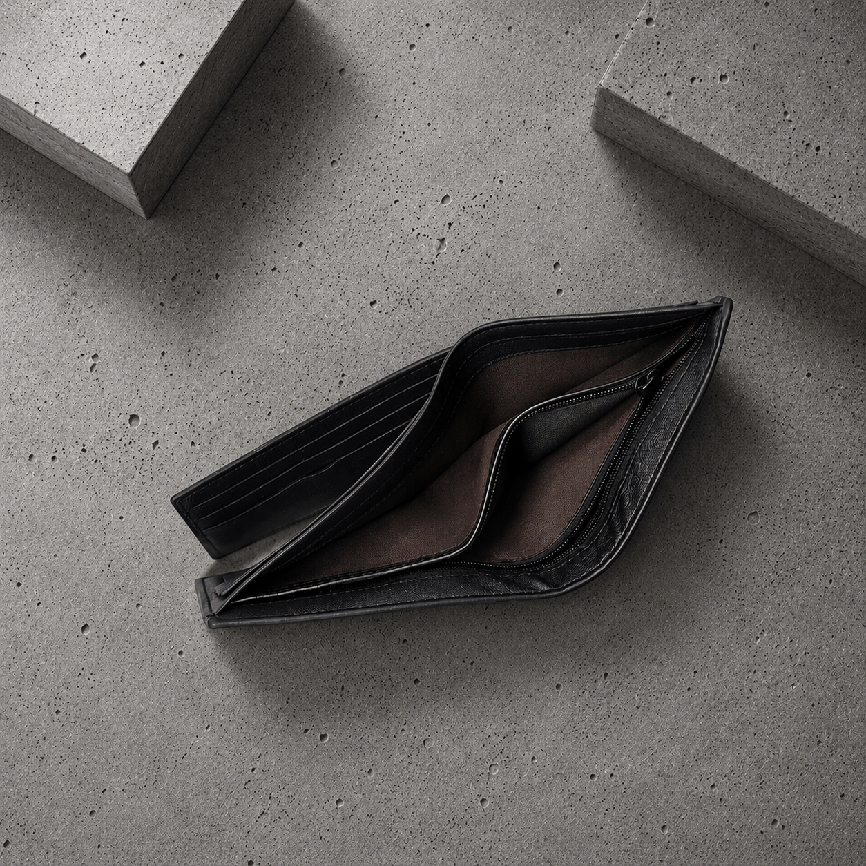 portefeuille homme fin noir ouvert intérieur doublure marron