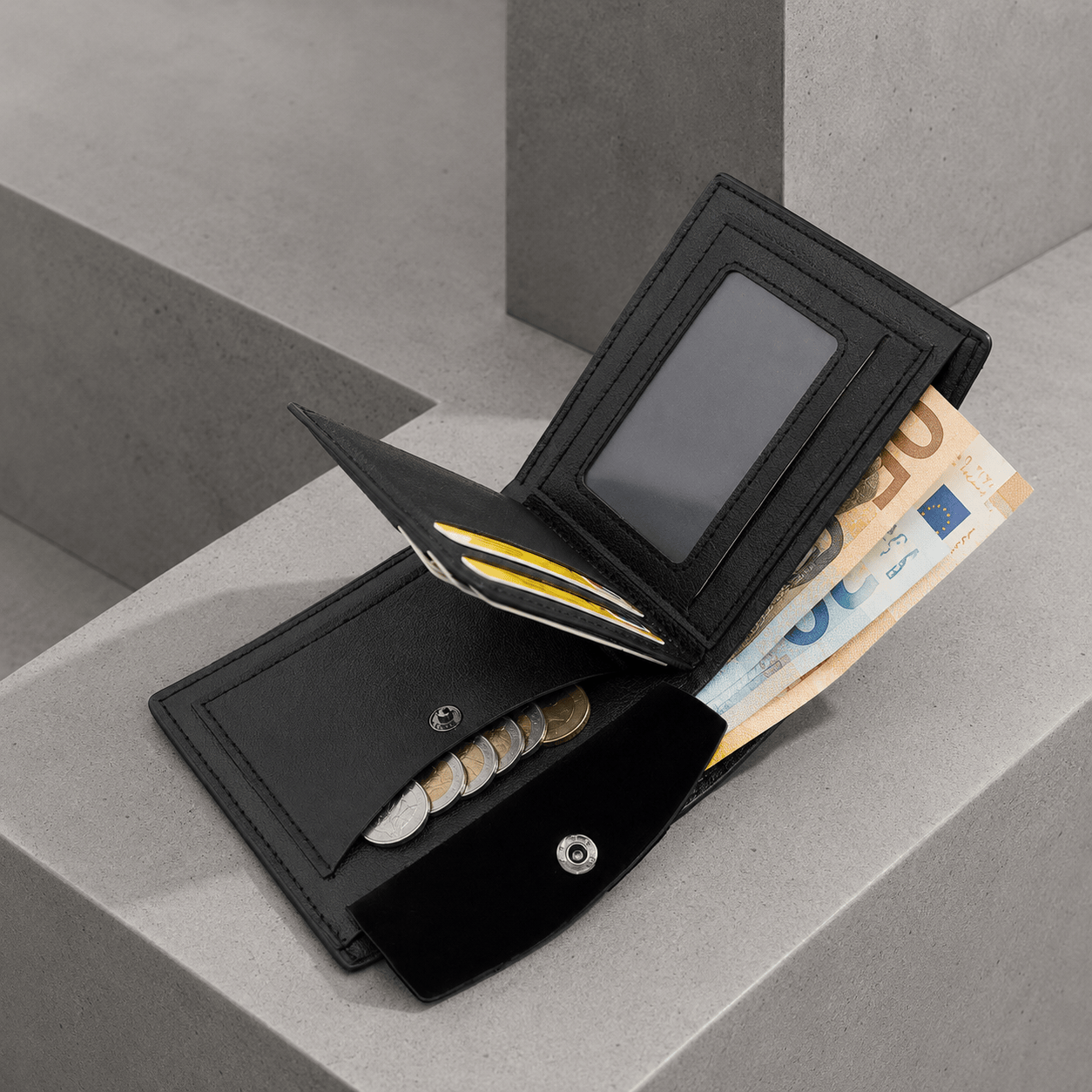 portefeuille homme fin noir volet photo billets monnaie pression