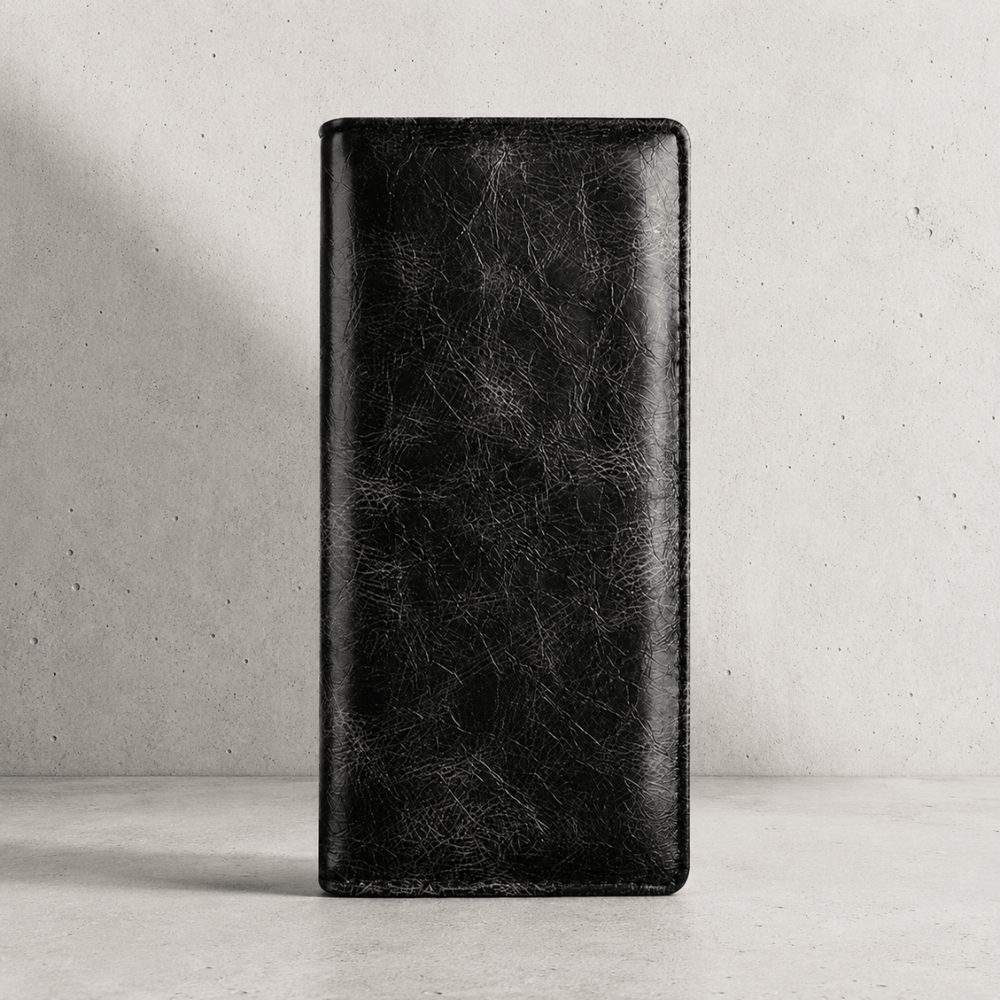 Portefeuille homme grand format noir, similicuir vintage marbré