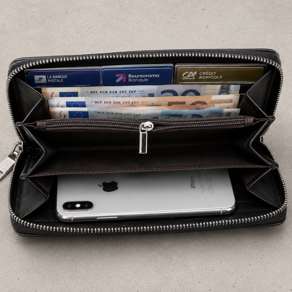 Portefeuille homme grande capacité : téléphone, cartes et billets