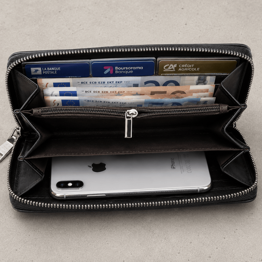 Portefeuille homme grande capacité : téléphone, cartes et billets