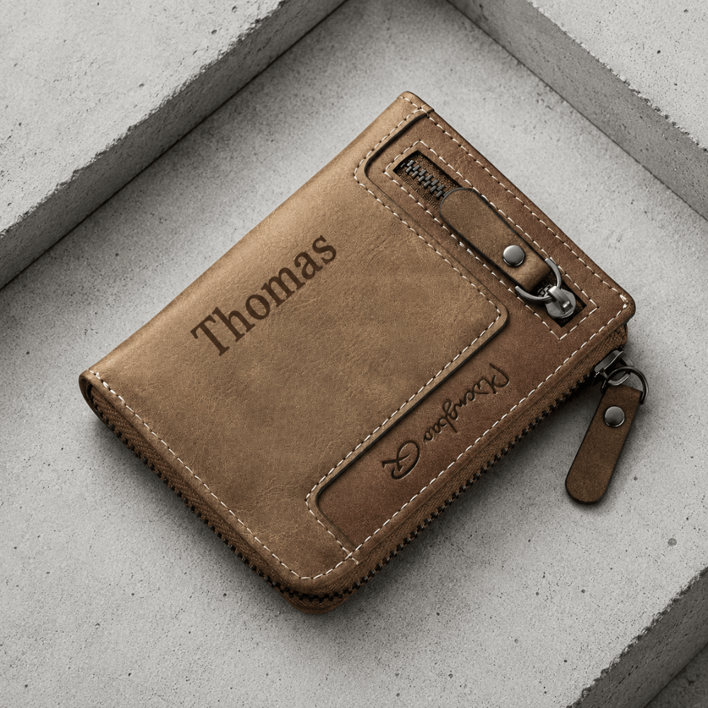 Portefeuille homme gravé camel à fermeture éclair, similicuir aspect cuir