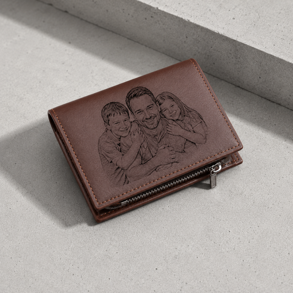 Portefeuille homme gravé photo marron aspect cuir, poche zippée