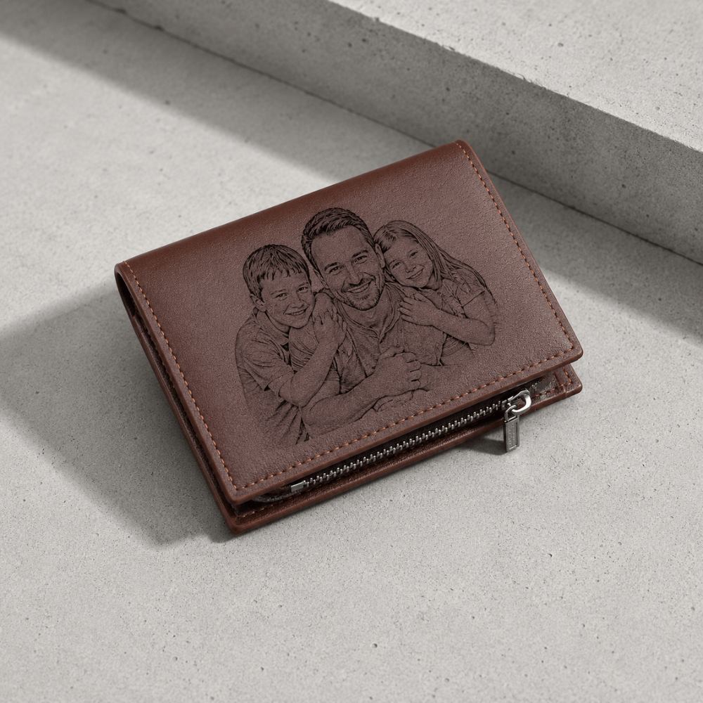 Portefeuille homme gravé photo marron aspect cuir, poche zippée