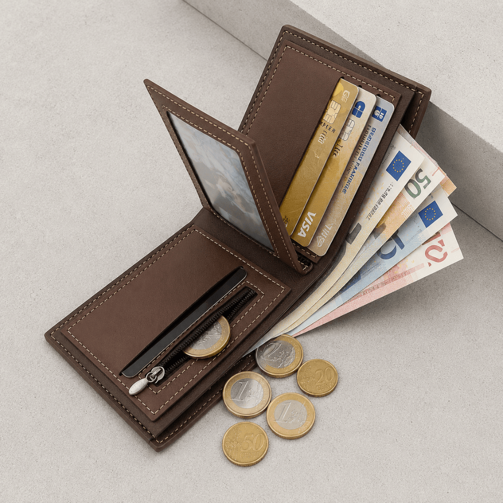 Intérieur portefeuille homme ouvert : cartes, monnaie zippée et billets