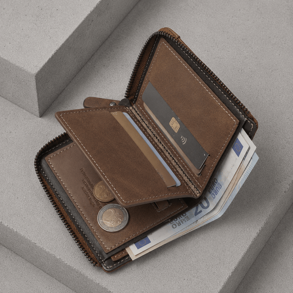 Portefeuille homme vertical, volet porte-cartes et fenêtre transparente