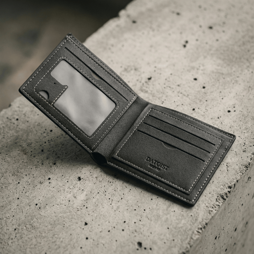 portefeuille homme cuir marron ouvert fenêtre id porte-cartes béton