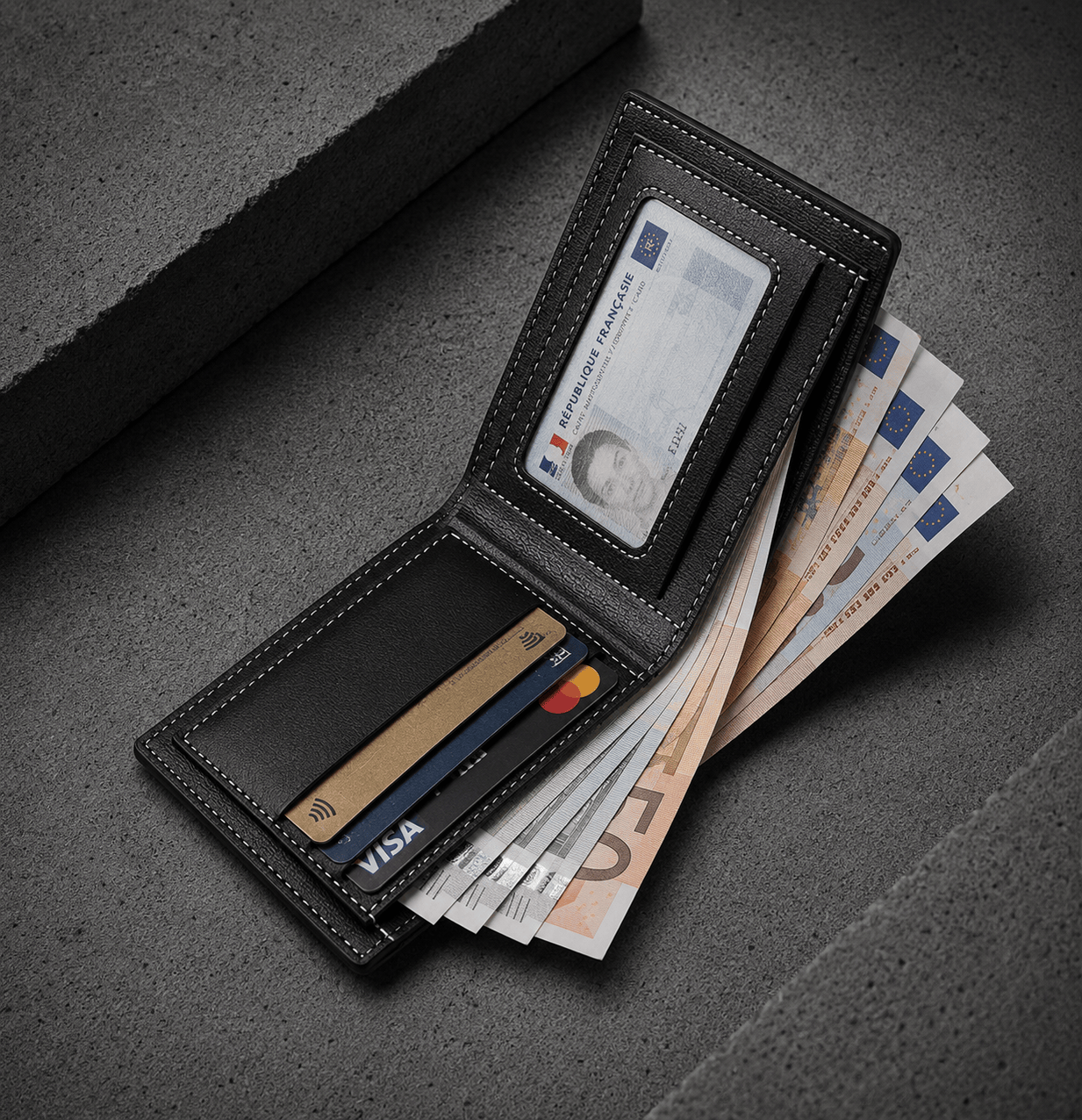 Interieur du portefeuille homme moderne noir avec fenetre id carte francaise et logements porte-cartes