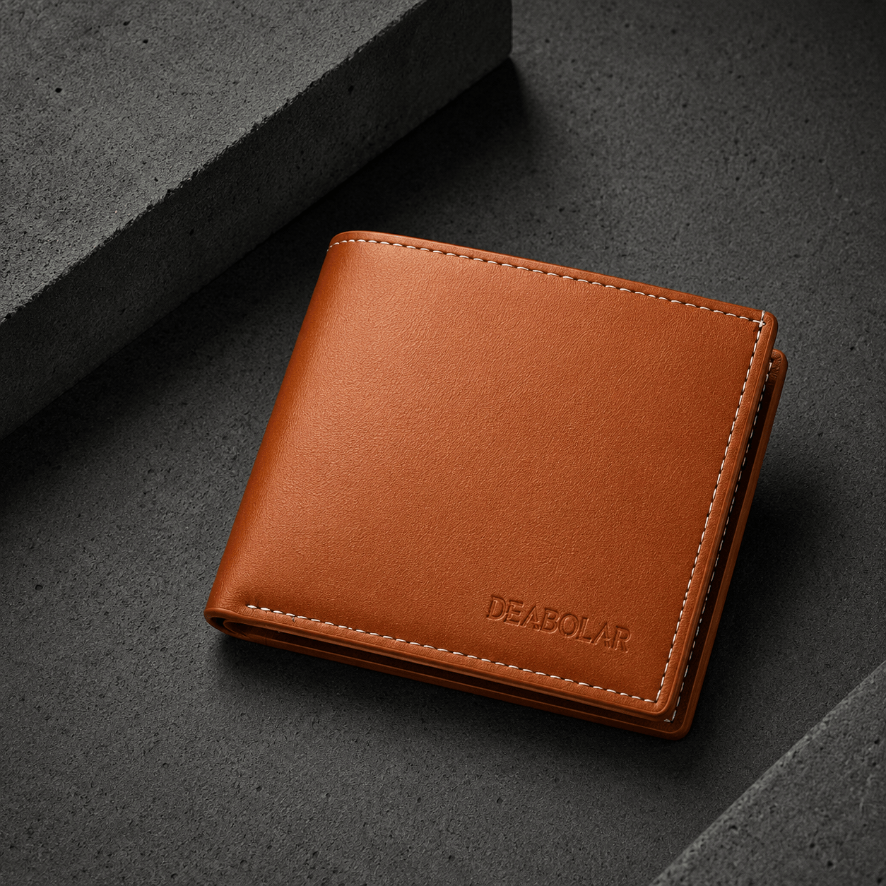 Portefeuille homme moderne marron caramel en similicuir 2 volets avec coutures contrastees blanches