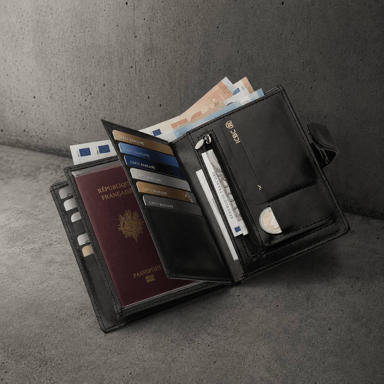 Portefeuille homme passeport voyage noir ouvert avec passeport cartes bancaires billets et poche zippee