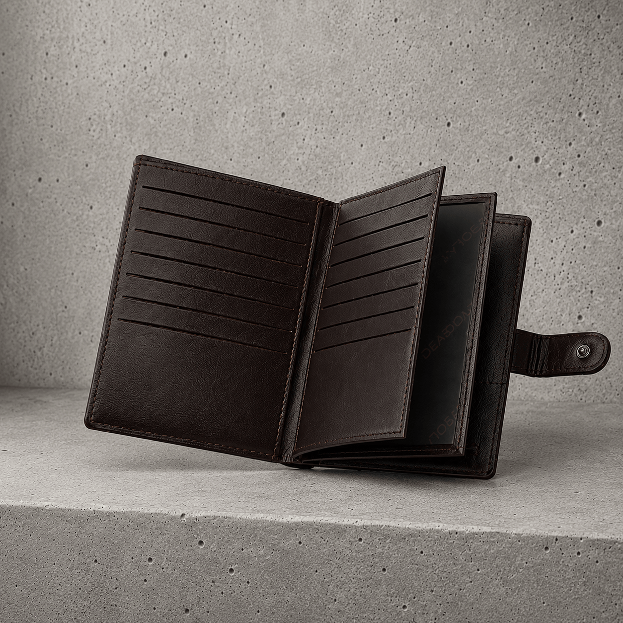 Interieur du portefeuille homme passeport marron avec logements porte cartes et compartiment passeport