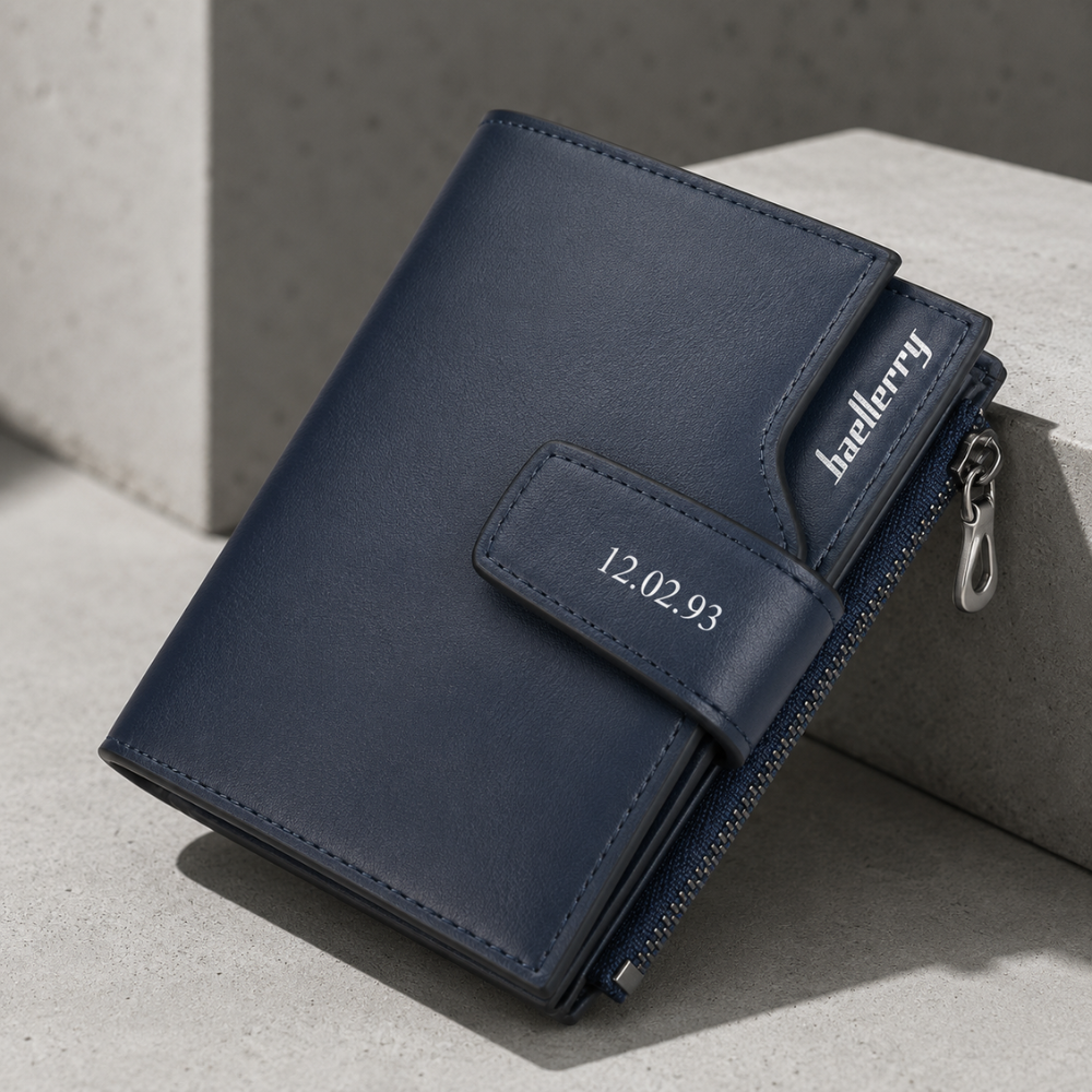 Portefeuille homme personnalisable bleu marine vertical zippé gravure date