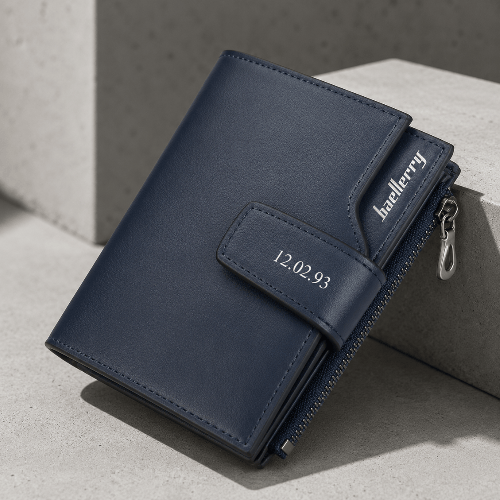 Portefeuille homme personnalisable bleu marine vertical zippé gravure date