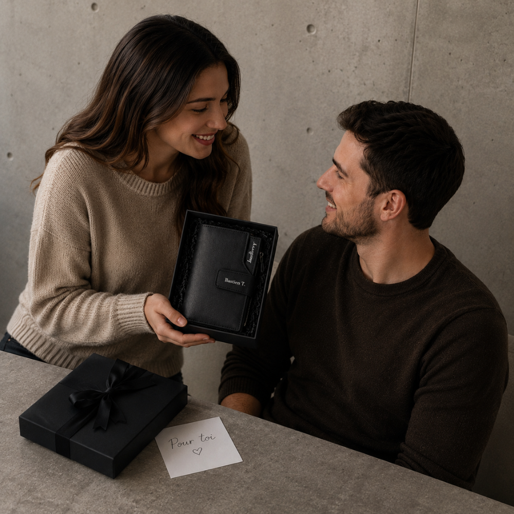Portefeuille homme personnalisable noir idee cadeau gravure prenom