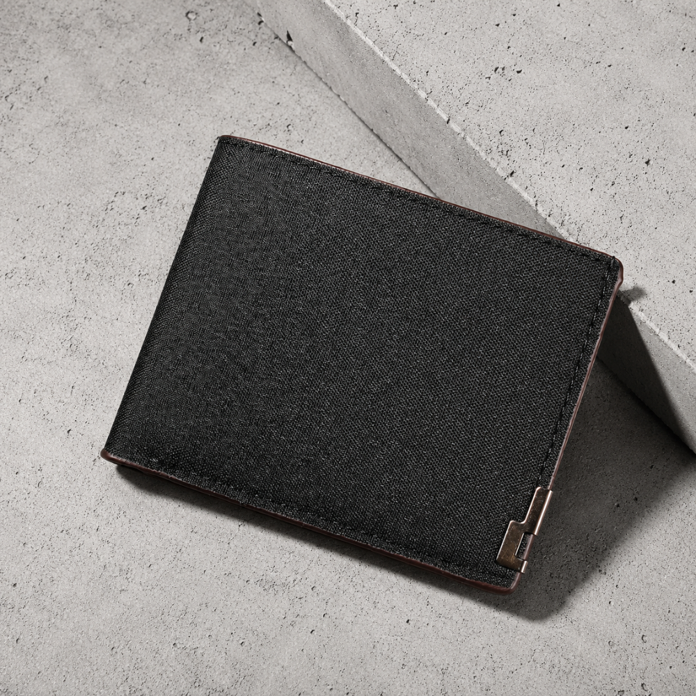 Portefeuille homme en tissu noir 2 volets, toile façon denim