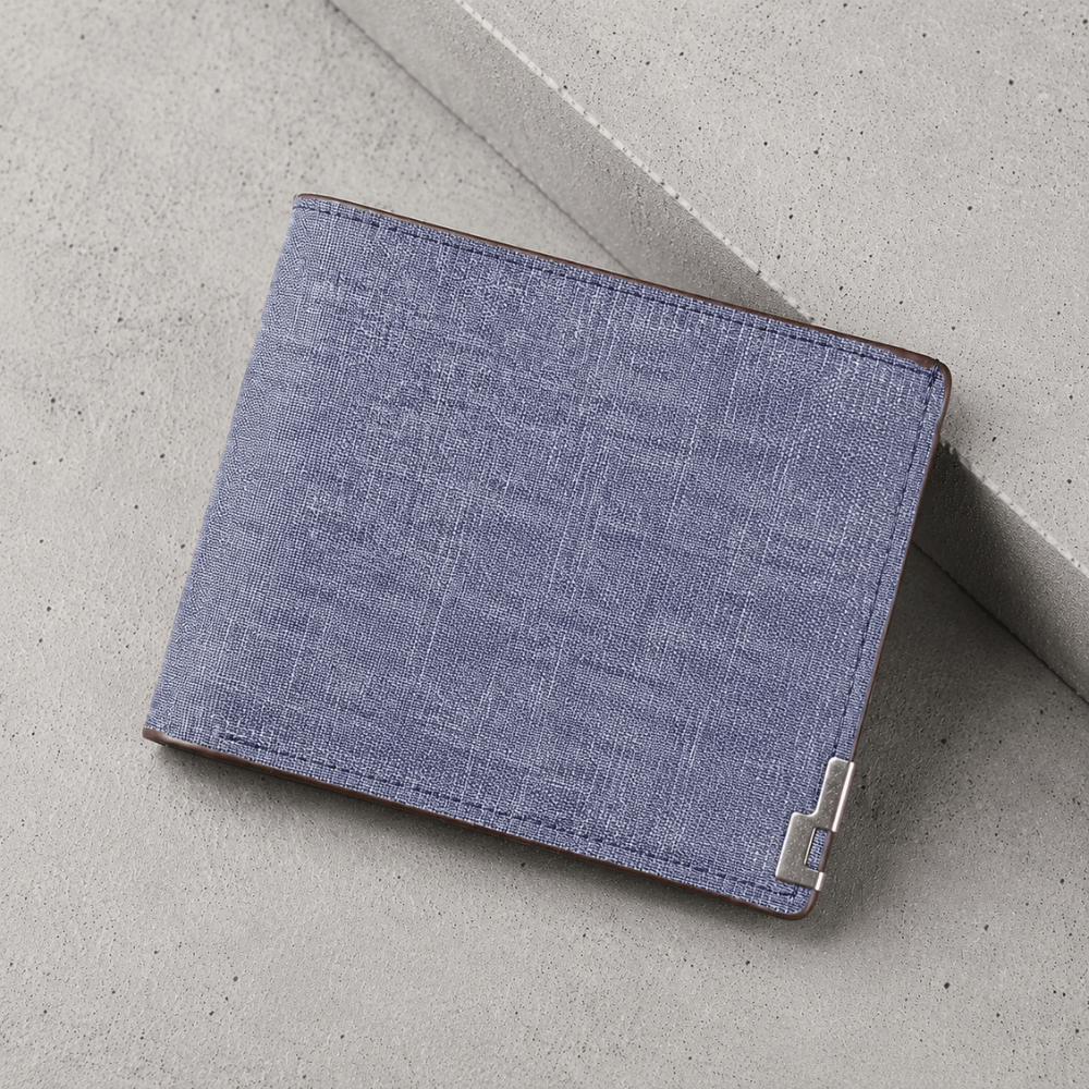 Portefeuille homme en toile bleu façon denim, format 2 volets
