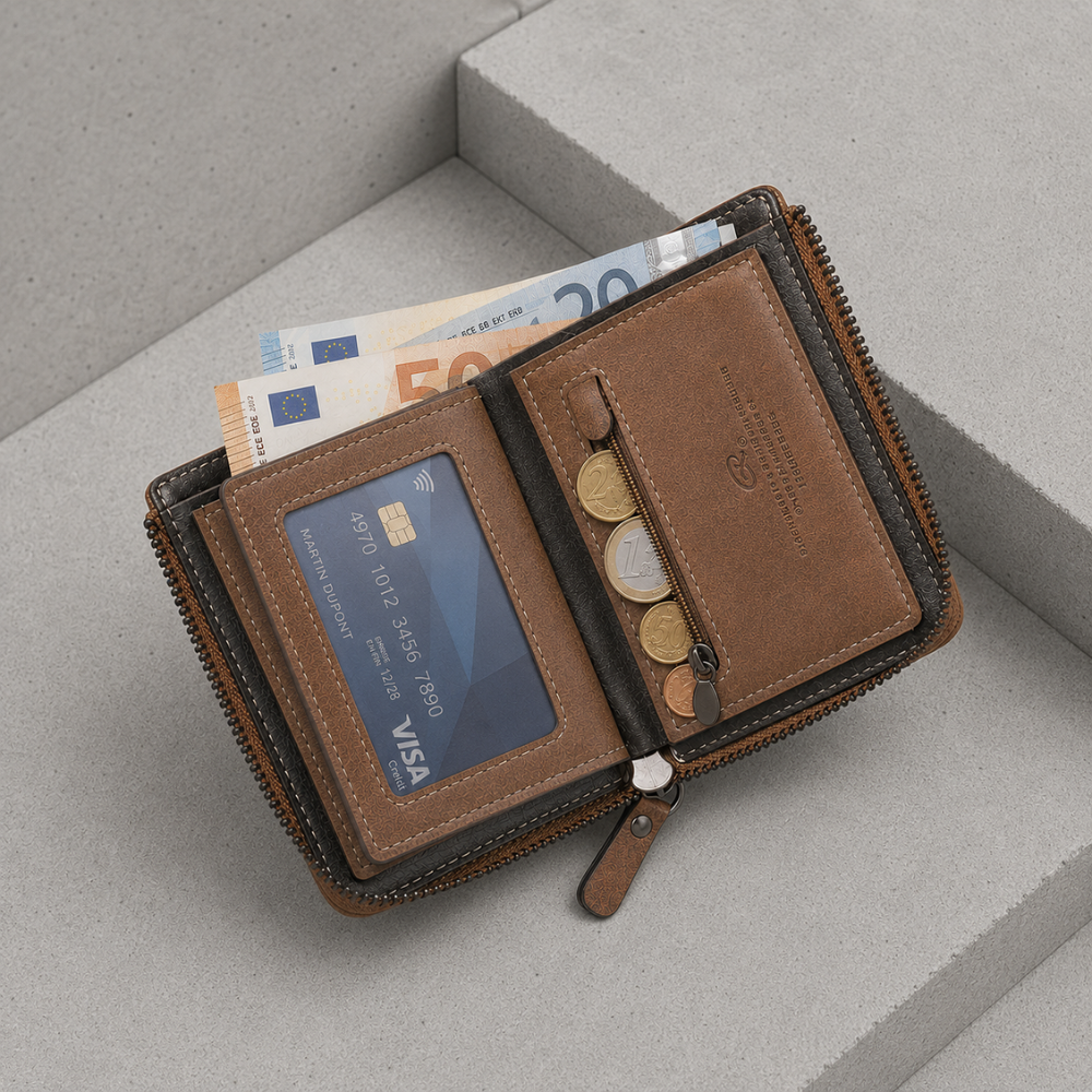 Intérieur portefeuille homme zippé : cartes, billets et compartiment monnaie