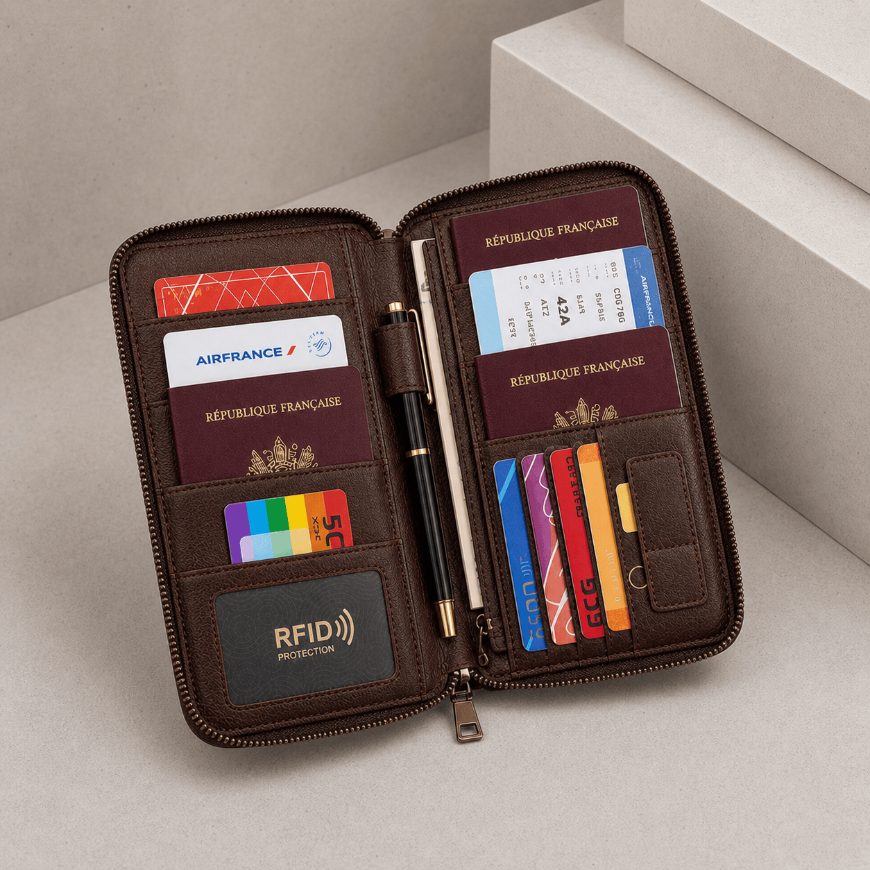 portefeuille long homme marron intérieur fenêtre RFID porte-cartes passeport
