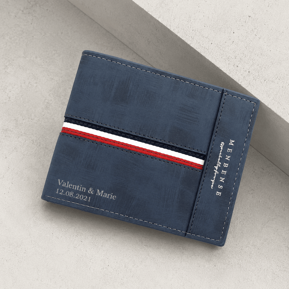 Portefeuille personnalisable homme bleu marine, gravure prénoms et date