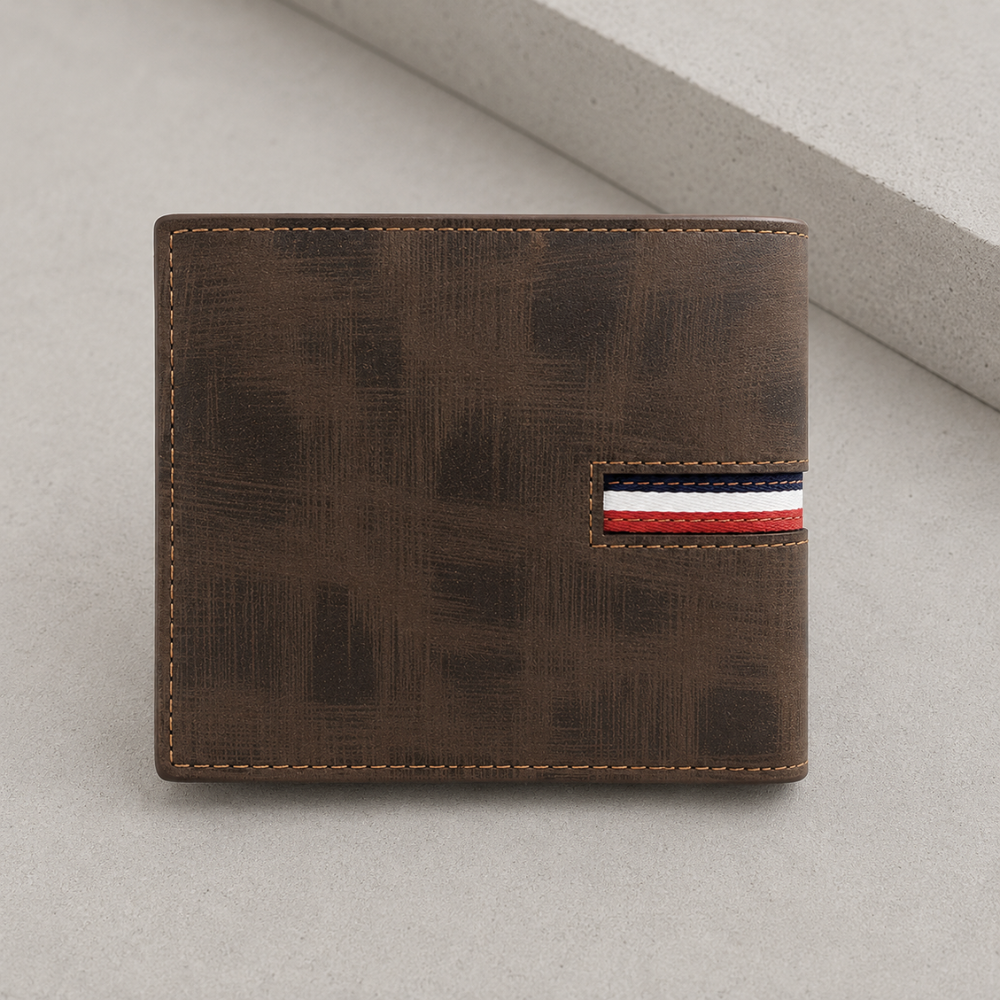 Portefeuille personnalisable homme marron, bande tricolore bleu-blanc-rouge