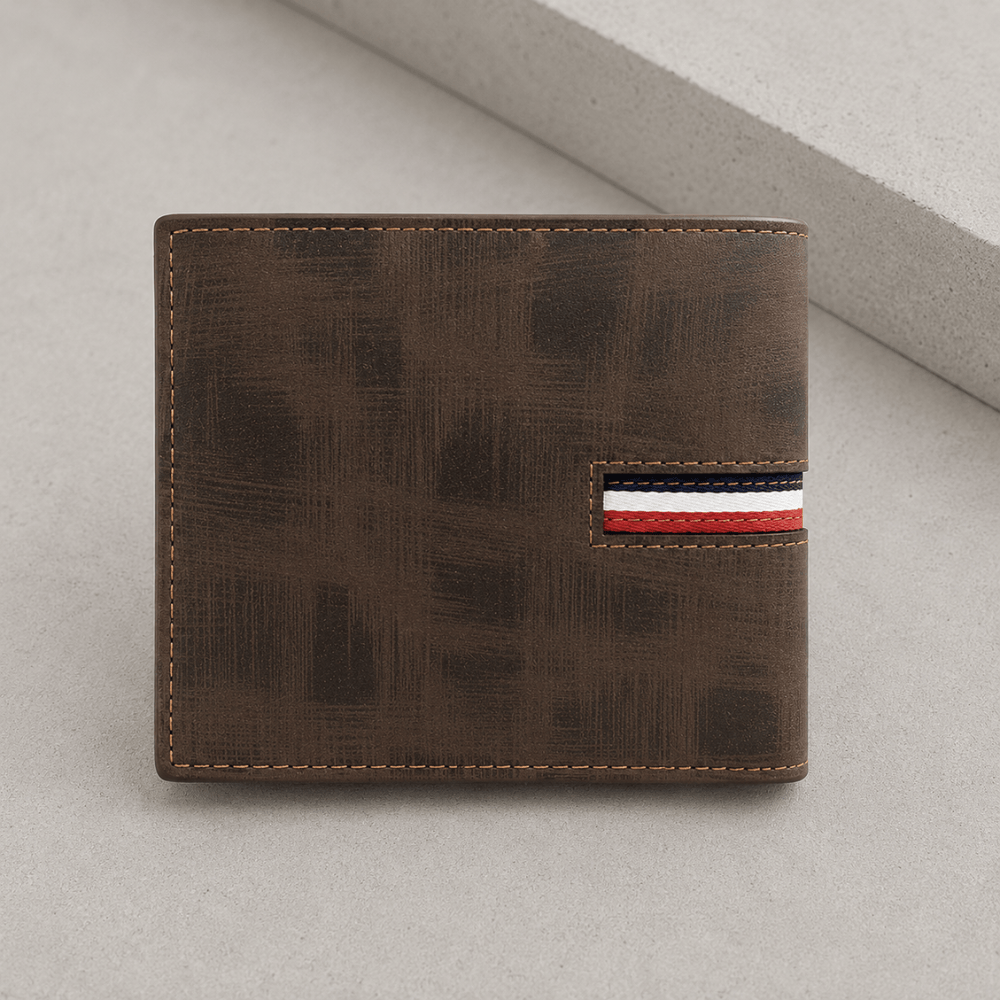 Portefeuille personnalisable homme marron, bande tricolore bleu-blanc-rouge