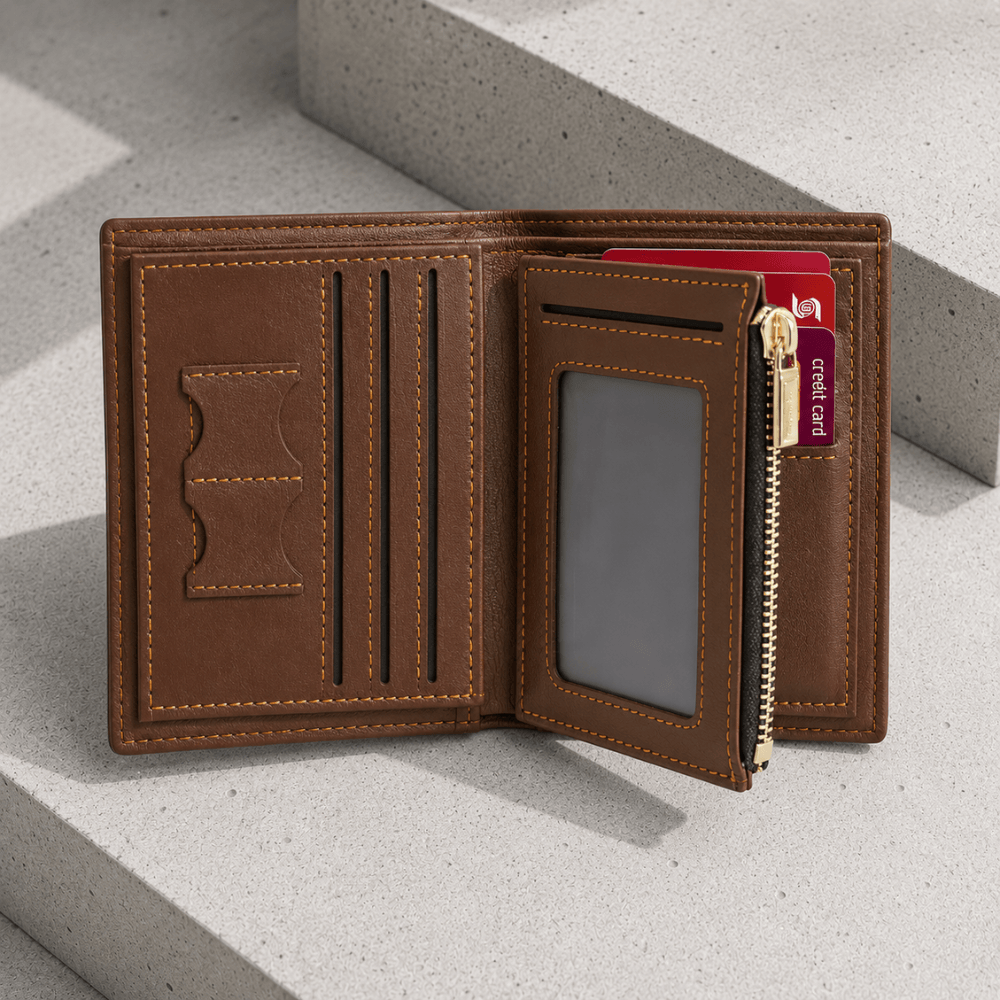 Interieur portefeuille personnalise, logements cartes et fenetre transparente