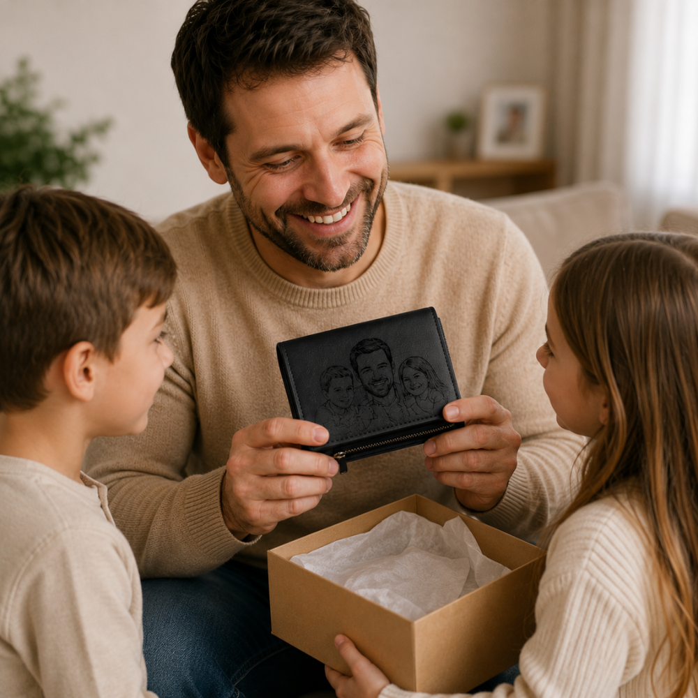 Portefeuille homme personnalise photo offert en cadeau, gravure famille