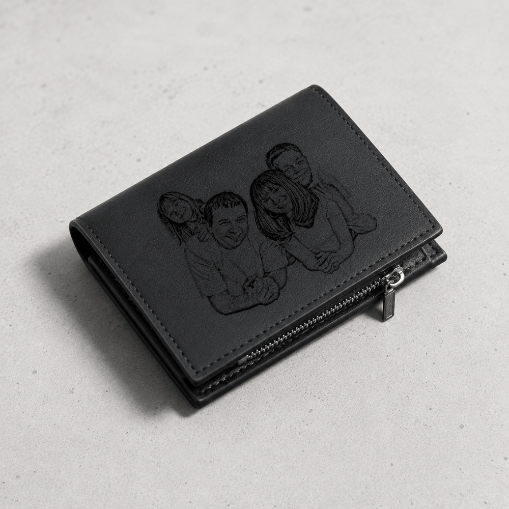Portefeuille homme personnalisé photo gravée noir, format vertical zippé