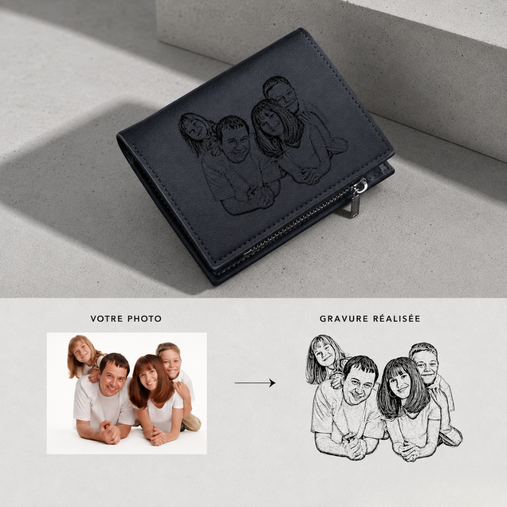 Gravure photo sur portefeuille homme personnalisé, rendu avant apres