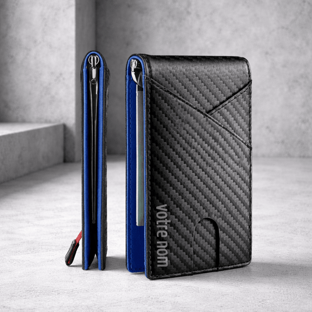portefeuille slim personnalisé bleu zip latéral carbone béton