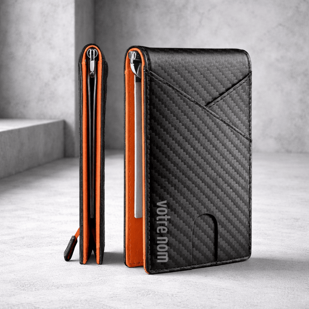 portefeuille slim personnalisé orange zip latéral carbone béton