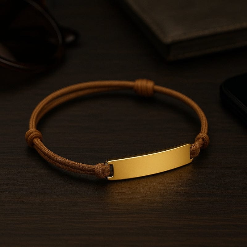 Bracelet cordon marron homme personnalisé plaque dorée gravable