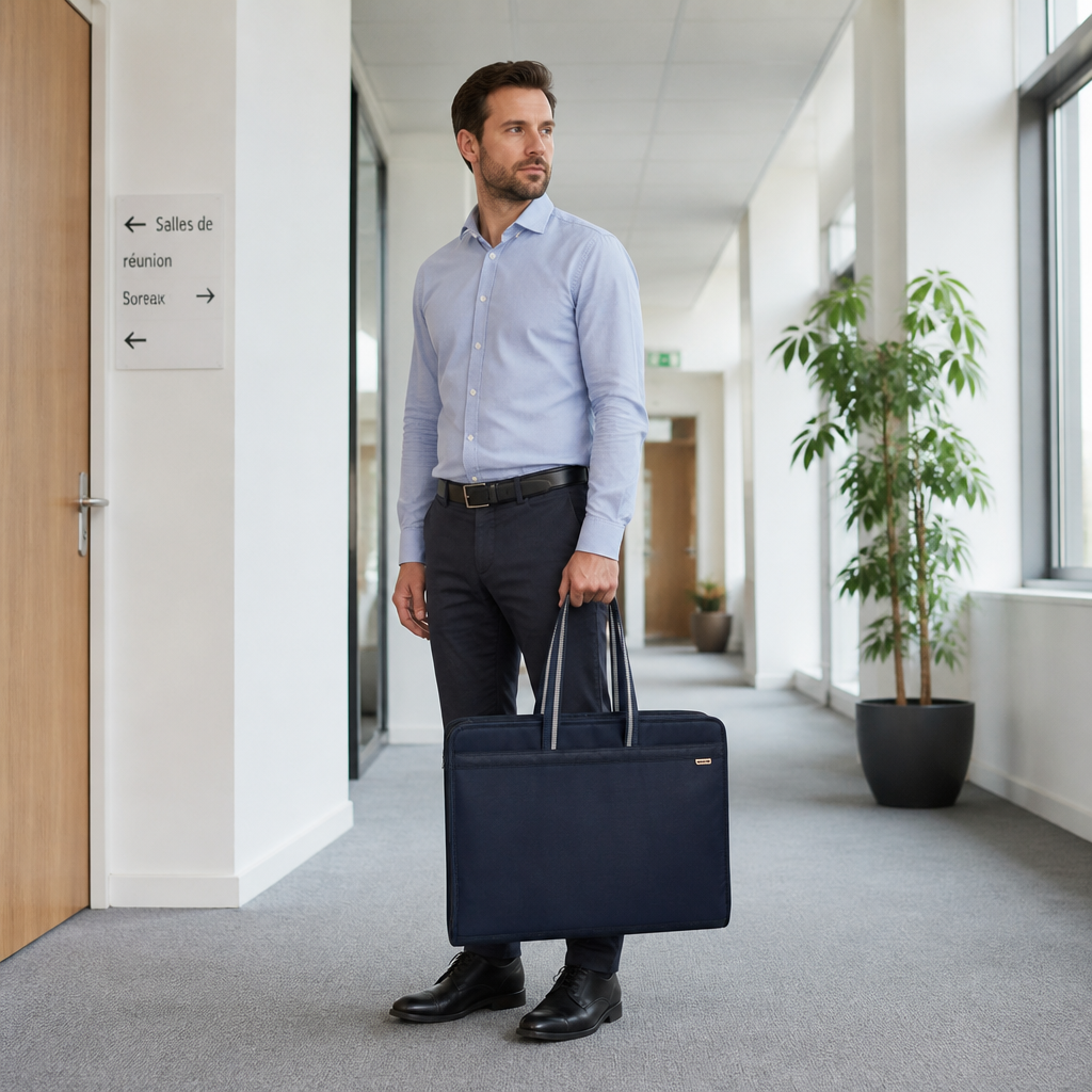Homme portant à la main le sac porte-document A3 en toile Oxford bleu marine