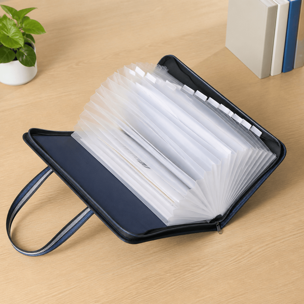 Sac porte-document ouvert à plat sur un bureau, intérieur accordéon à 13 compartiments