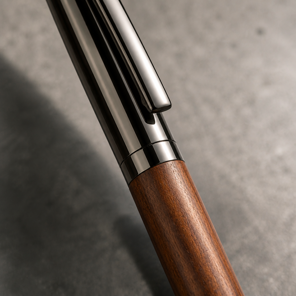 Gros plan sur le capot métal et le corps en bois véritable du stylo bille homme