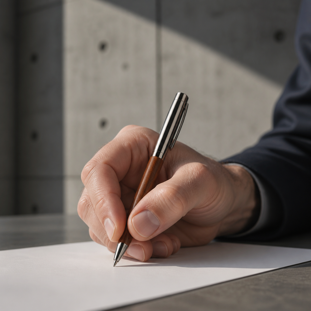 Homme utilisant le stylo bille en bois pour signer un document