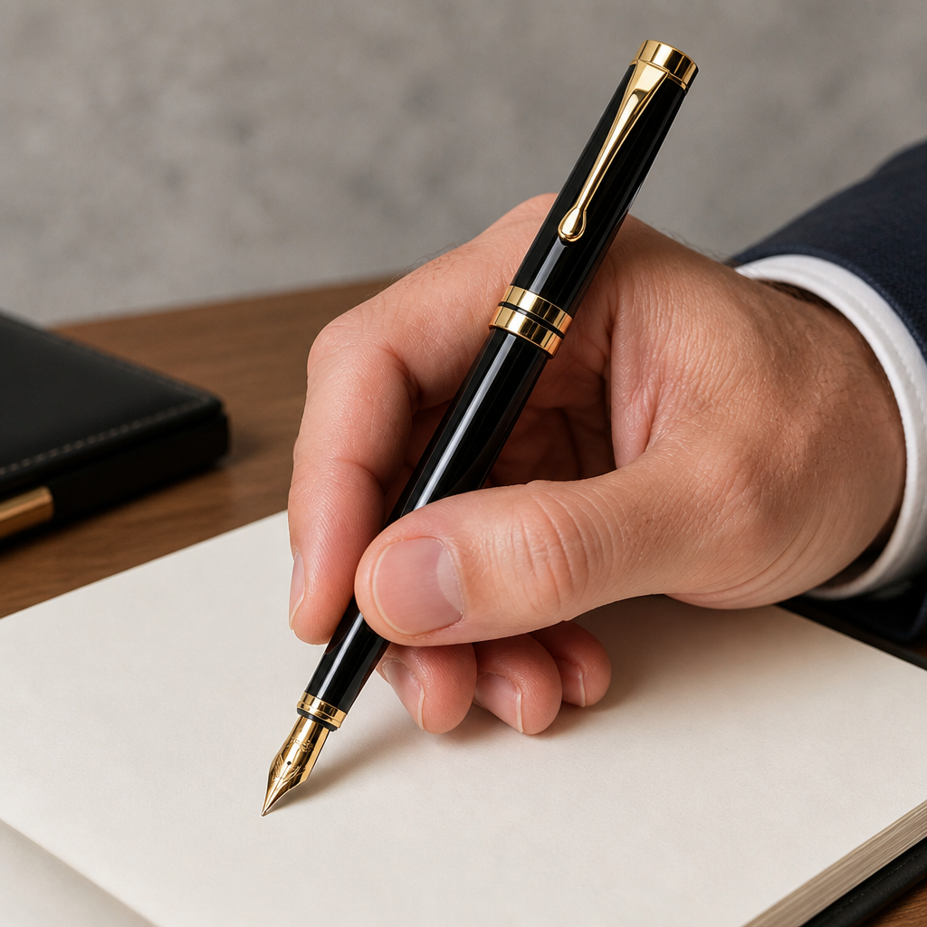 Homme écrivant sur un carnet avec le stylo plume noir à plume dorée
