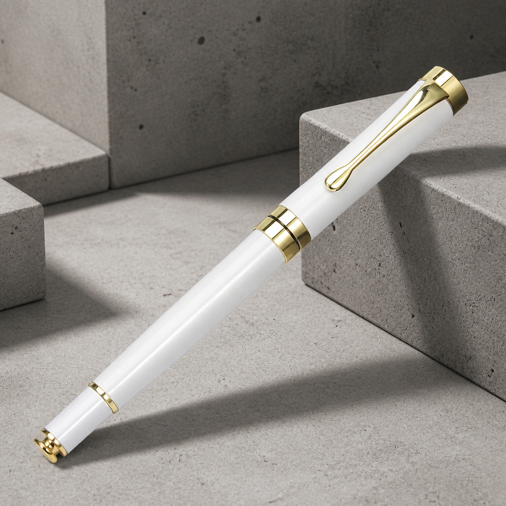 Stylo plume homme en métal laqué blanc à plume dorée, posé sur du béton clair