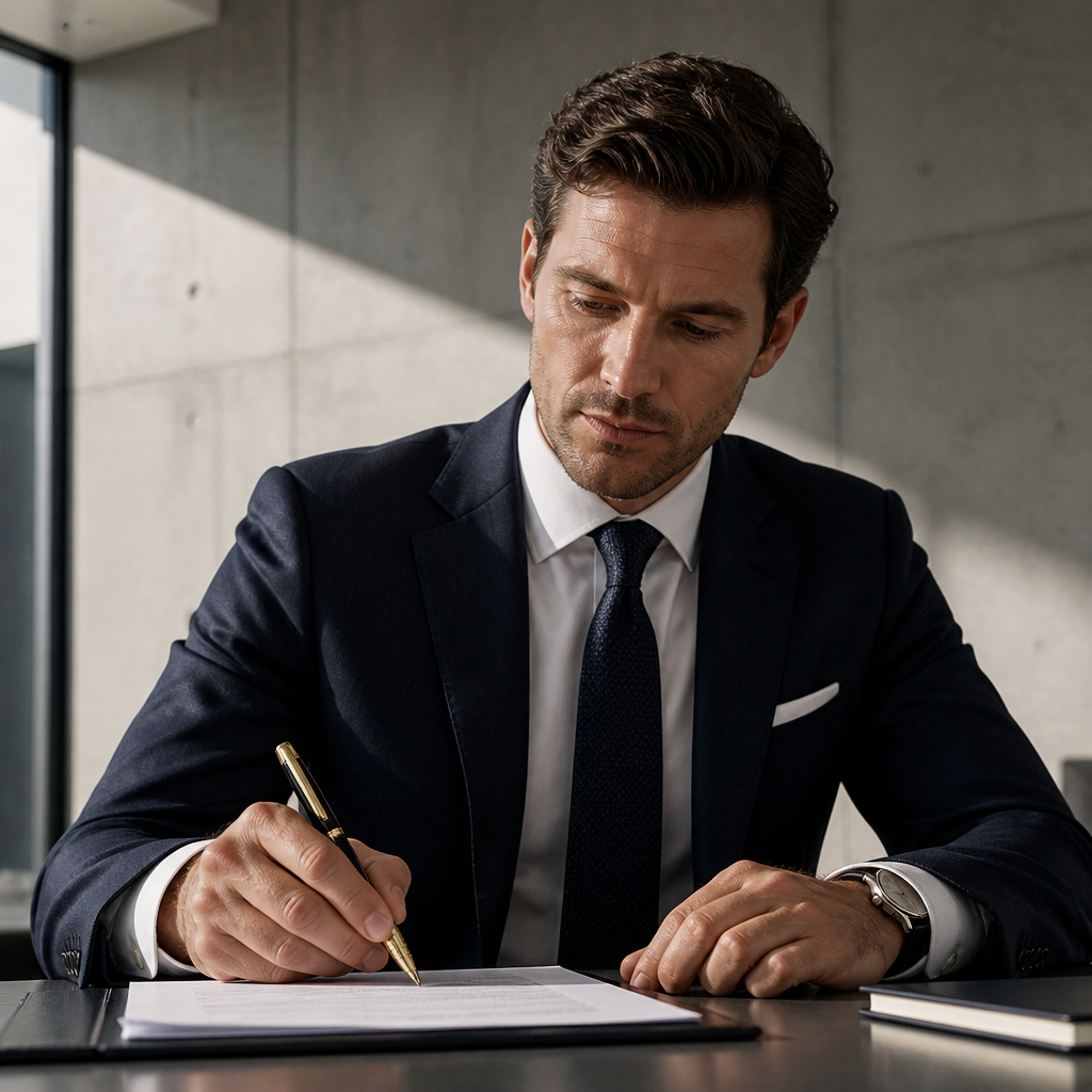 Homme en costume signant un document avec le stylo chic à bille en métal guilloché