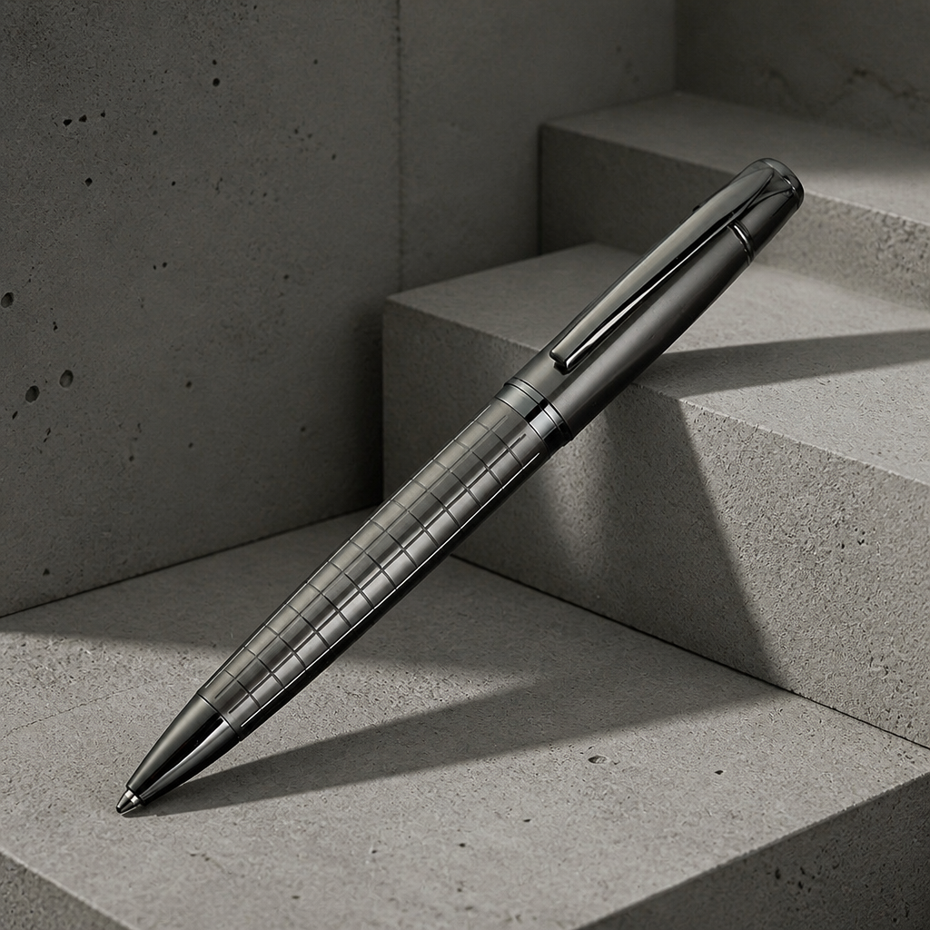 Stylo chic homme à bille en métal guilloché gris brossé, coiffe laquée noire