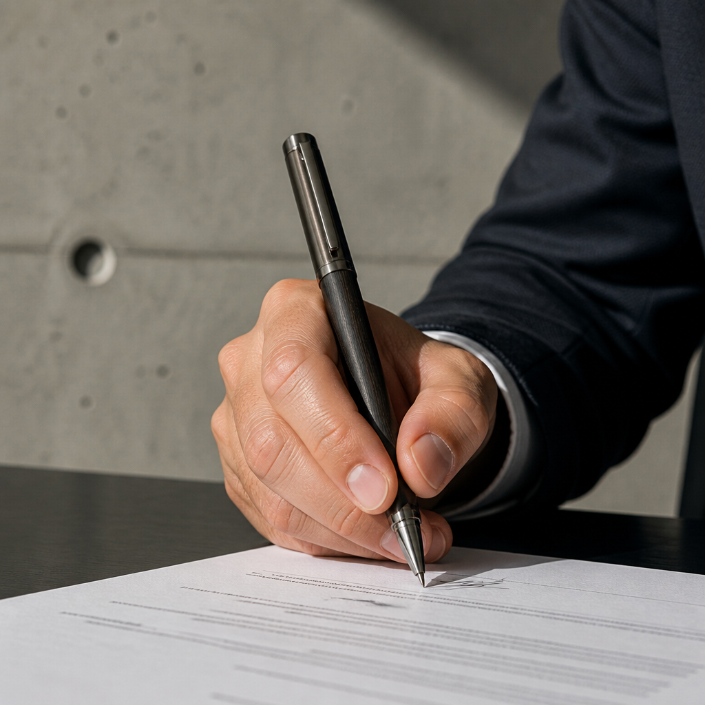 Homme signant un document avec un stylo roller en bois et métal