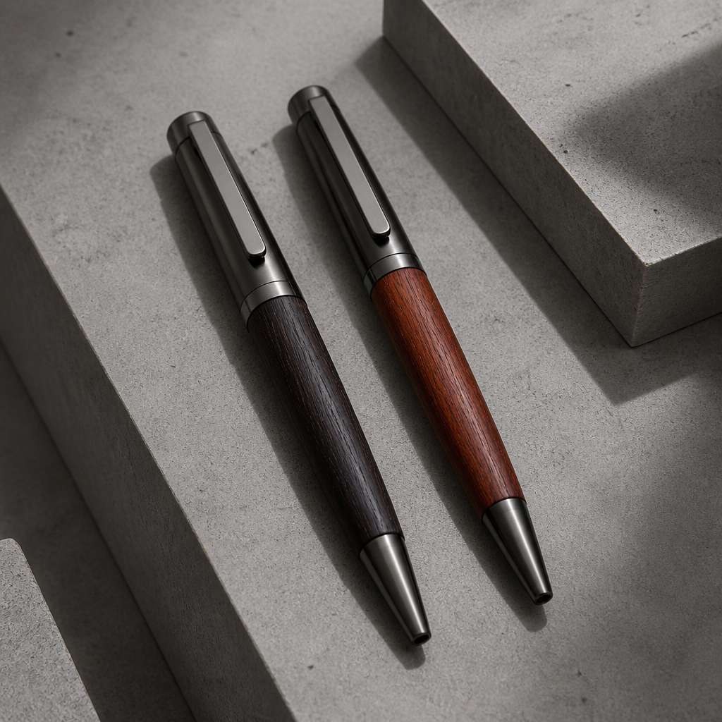 Deux stylos roller homme, finitions bois sombre et bois marron