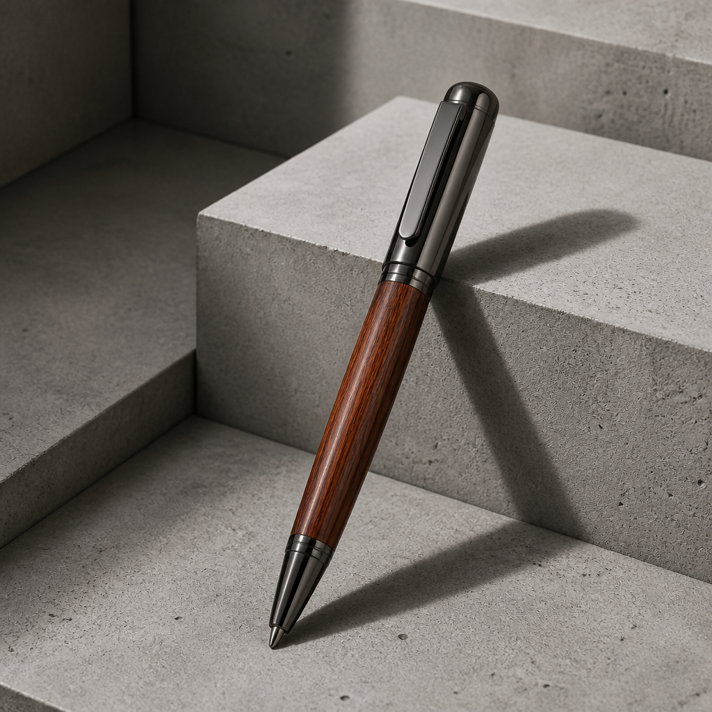 Stylo classe homme roller, fût en bois marron et métal anthracite