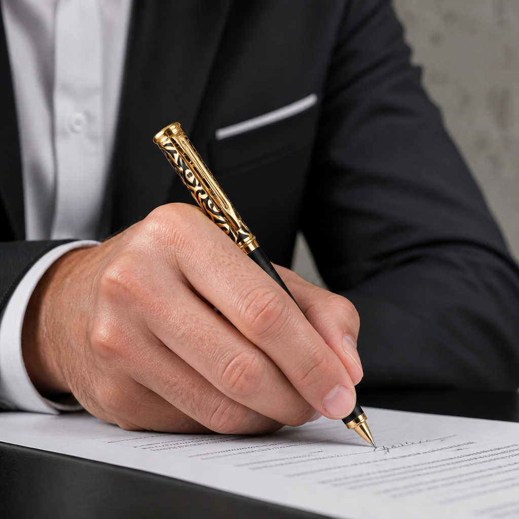 Homme en costume signant un document avec le stylo roller noir et or