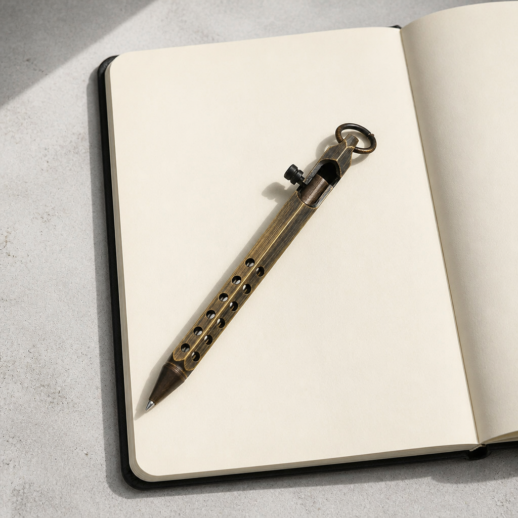 Stylo en laiton noir vieilli posé sur la page d'un carnet ouvert