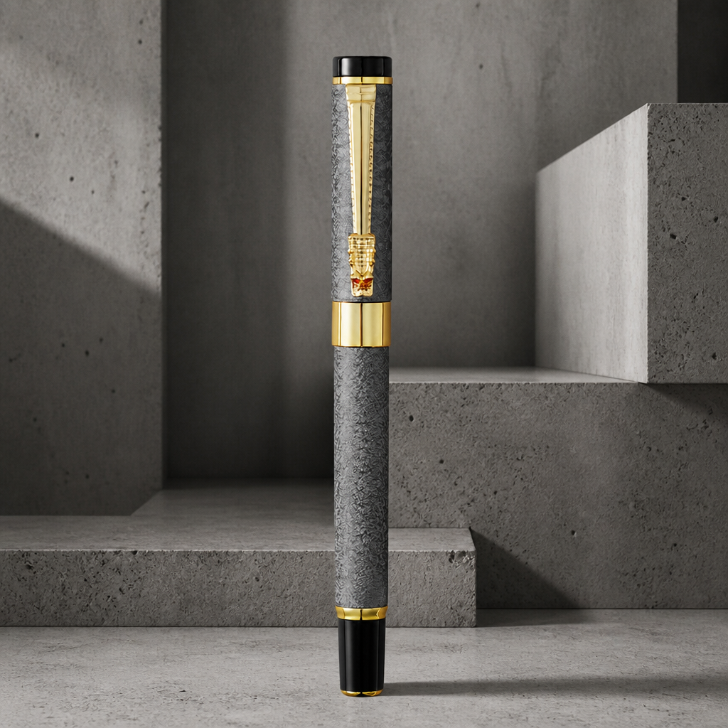 Stylo plume homme gris à tête de dragon dorée en acier inoxydable