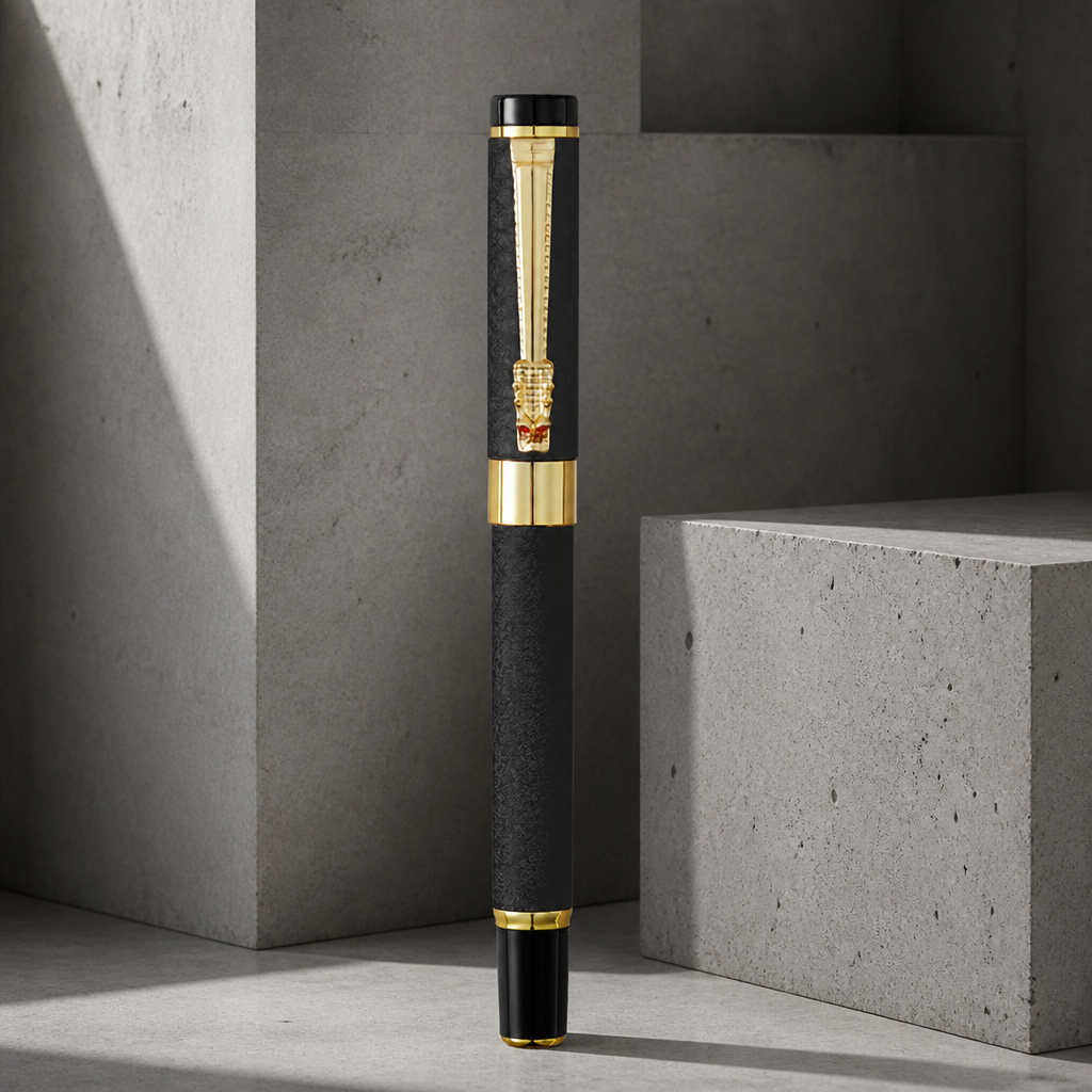 Stylo plume homme noir à tête de dragon dorée, corps en acier inoxydable